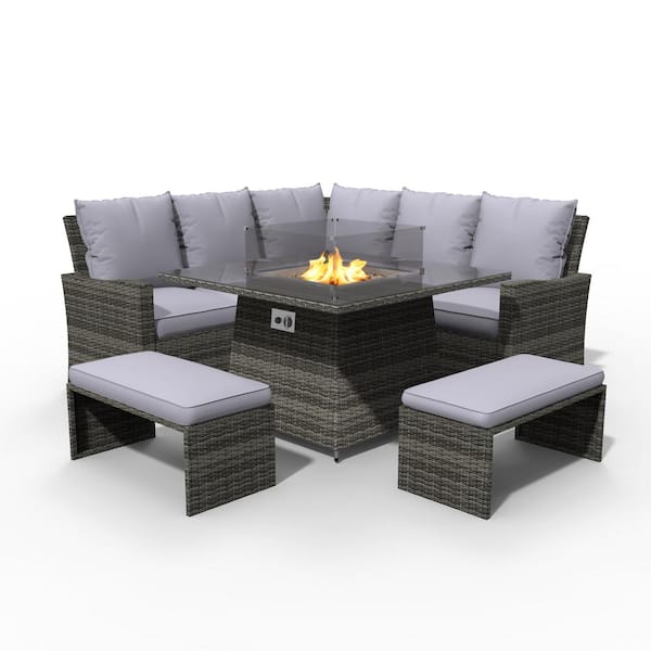 moda furnishings Rebecca Gray 5-Piece Wicker Patio Fire Pit Conversation Sofa Set with Gray Cushions
