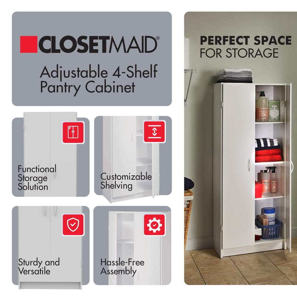 White Freestanding 4-Shelf Pantry Cabinet with Adjustable Shelves