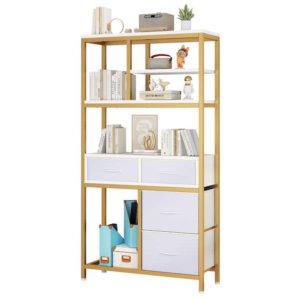 Karl home 68.5 in. Tall Gold Metal 7-Shelf Etagere Bookcase with Fabric Drawers, Storage
