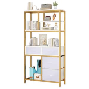 68.5 in. Tall Gold Metal 7-Shelf Etagere Bookcase with Fabric Drawers, Storage