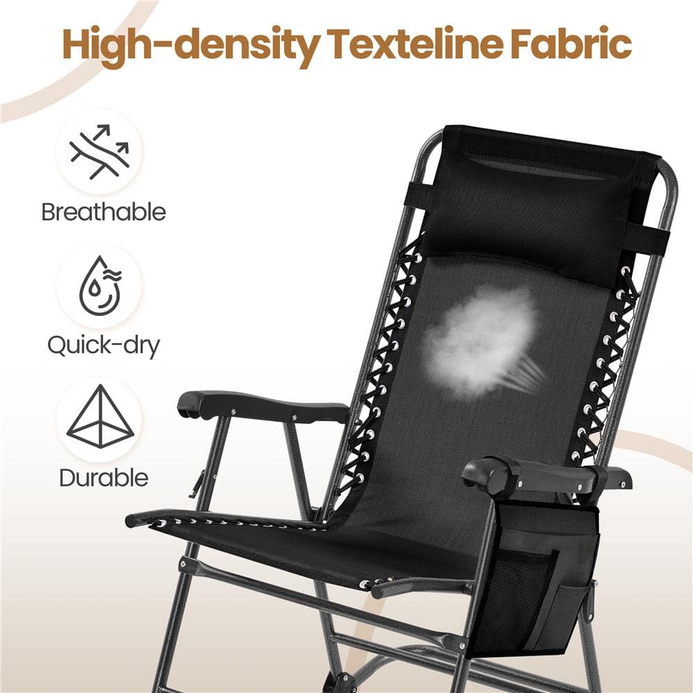 A black metal outdoor rocking chair highlighting the high-density texteline fabric.