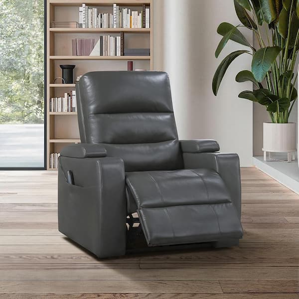 Claire Gray Faux Leather Power Recliner with Power Headrest, Heat and Massage
