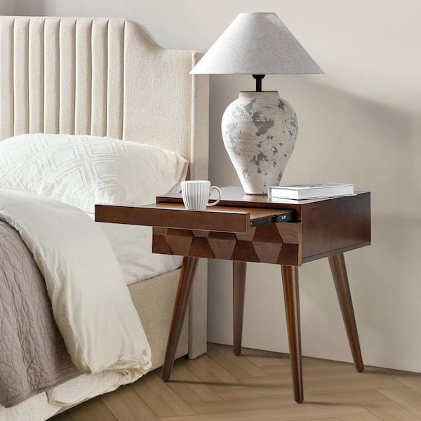 JAYDEN CREATION Edelmira 22 in Walnut MDF Hexagon End Table with Charging Station