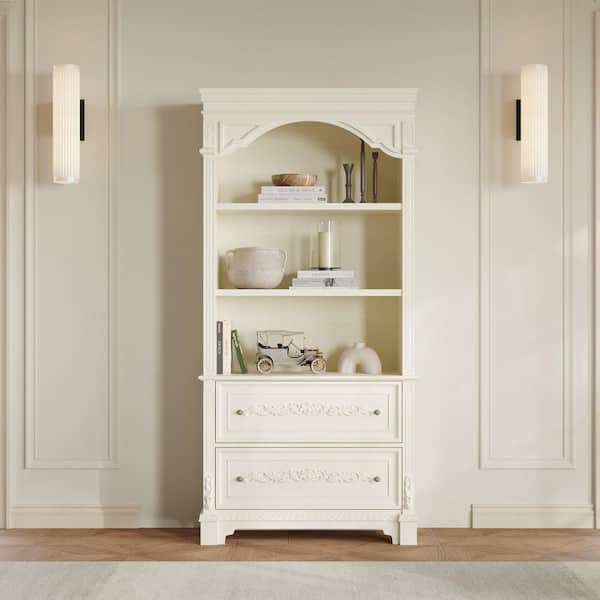 Vintage White 76.6 in. Accent Storage Cabinet with 3-Shelf, 2 Carved Drawers, Arched Bookcases with Open Shelves