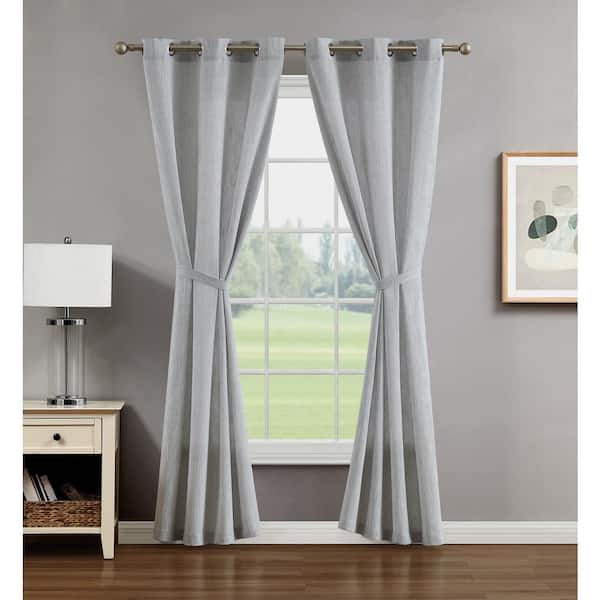 CREATIVE HOME IDEAS Jorja Light Grey Woven 38 in. W x 96 in. L Light Filtering Grommet Tiebacks Curtain (2 Panels)