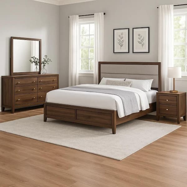 Yels 4-Piece Walnut Brow, Taupe and Gold Wood King Bedroom Set