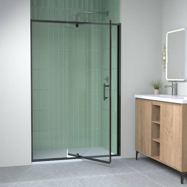 KeepTech 44-48 in. W x 71 in. H Swing Pivot Frame Shower Door in Matte Black Finish with Clear Tempered Glass