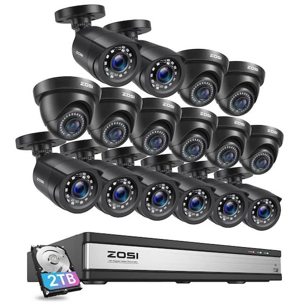 ZOSI 16-Channel 1080P 2TB DVR Security Camera System with 8 Wired Bullet Cameras and 8 Outdoor Dome Cameras, Human Detection