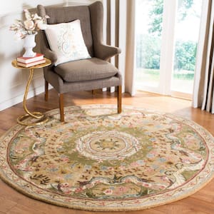 Classic Taupe/Light Green 4 ft. x 4 ft. Round Border Area Rug