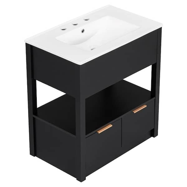 Aoibox 18.30 in. W x 30 in. D x 32.50 in. H Bathtub Vanity with Sink Top Open Storage Rack & Two Black Wooden Drawers