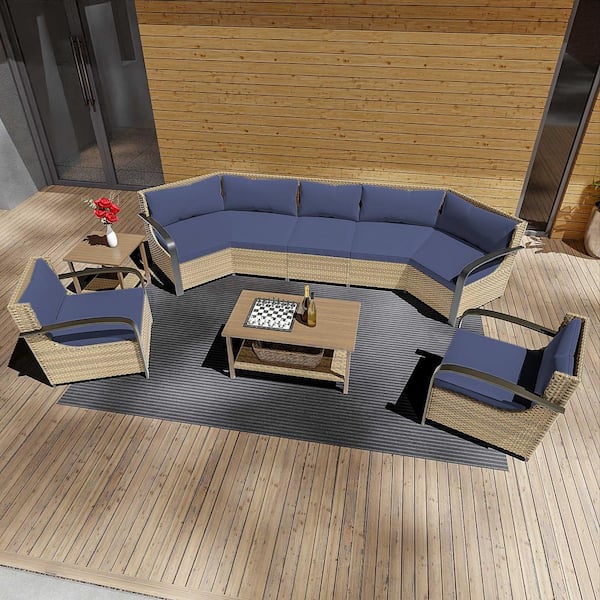 INMITOM 5-Piece Outdoor Patio Conversation Set with Blue Cushions, Seats 7, Includes Coffee Table
