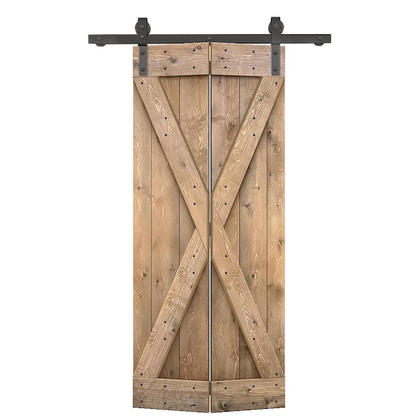 30 in. x 84 in. X Pre Assembled Light Brown Wood Solid Core Bi-fold Barn Door with Sliding Hardware Kit