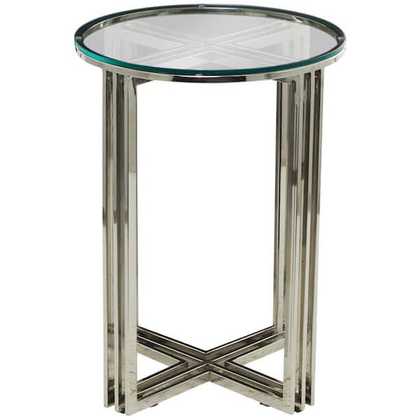 Litton Lane 18 in. Silver Large Round Glass End Accent Table with Clear Glass Top