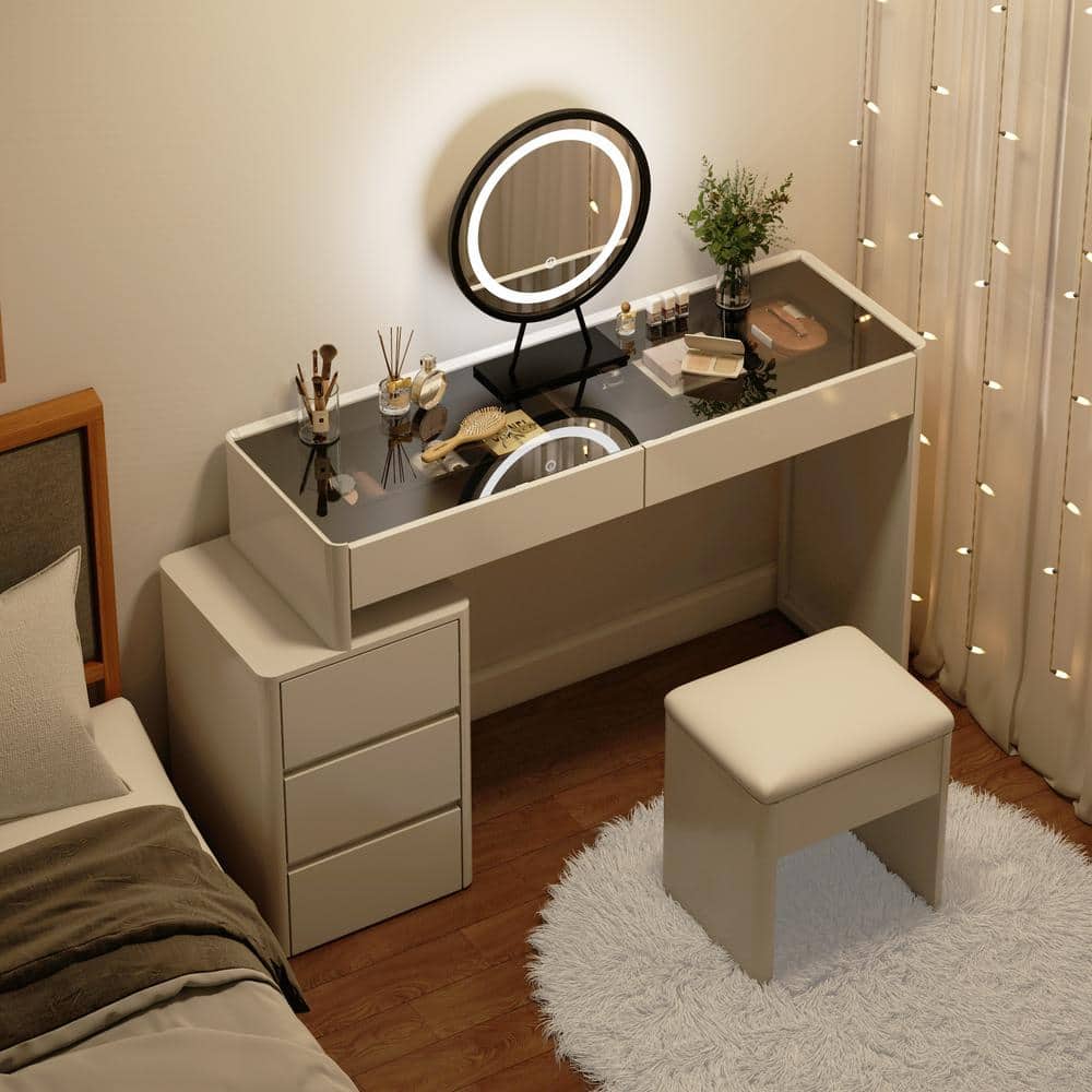 Fufuandgaga White Makeup Vanity Sets Wood Dressing Desk With 5 Drawers See Through Glass Top