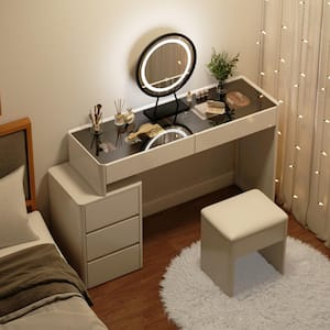 White Makeup Vanity Sets Wood Dressing Desk With 5-Drawers, See-Through Glass Top, Round LED Dimmable Mirror and Stool