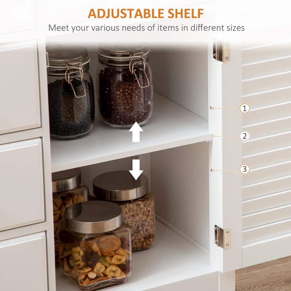 Modern White Sideboard Buffet with Adjustable Shelves and Rubberwood Top
