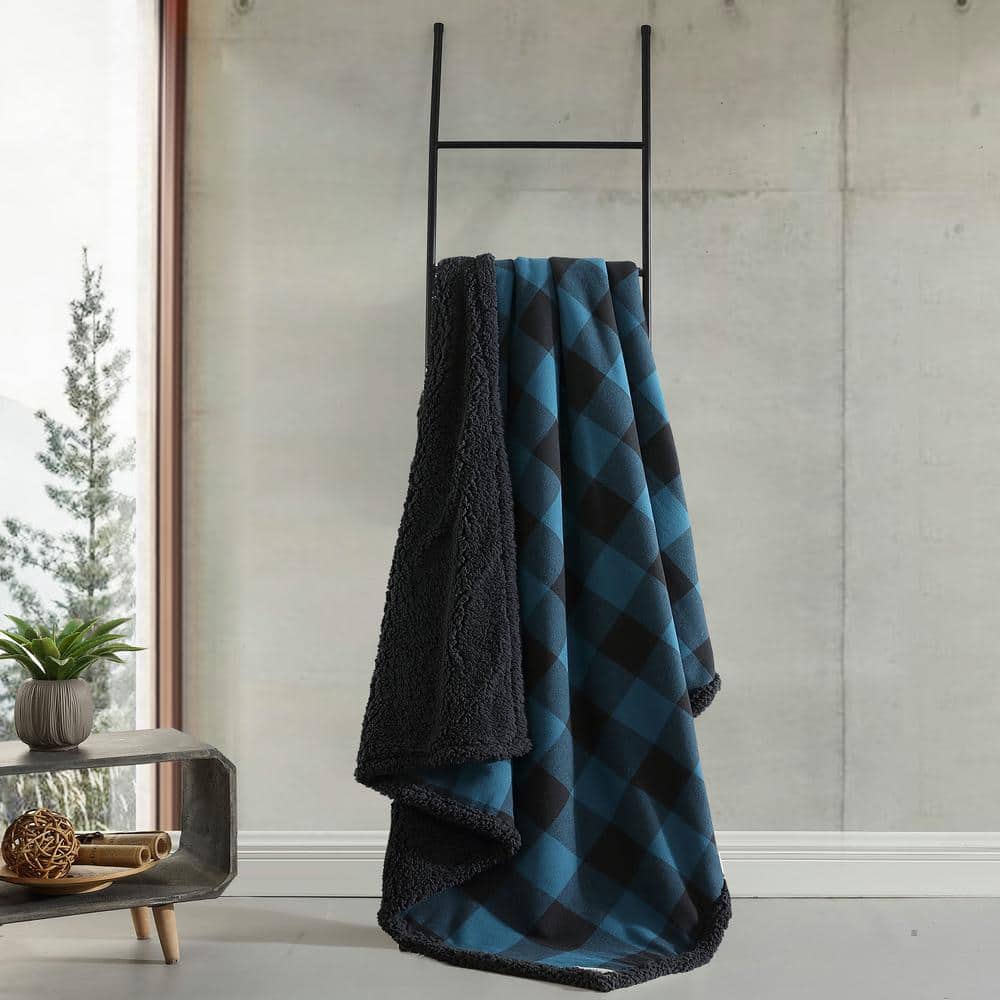 Blue and Black Reversible Sherpa Fleece Throw Blanket