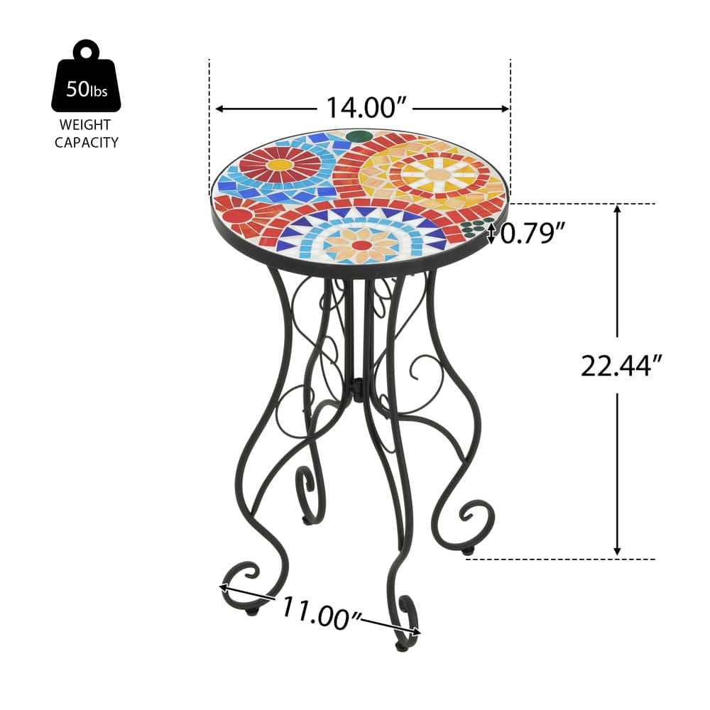Colorful Ceramic Tile Floral Design Outdoor Accent Table with Black Iron Frame