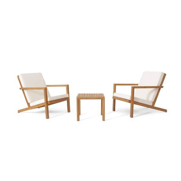 Noble House Warner Teak 3-Piece Wood Patio Conversation Set with Cream Cushions