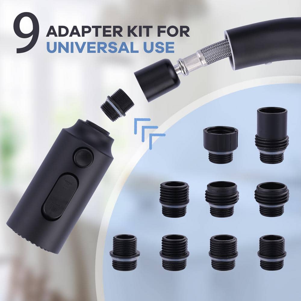 Matte Black 3-Function Kitchen Faucet Spray Head with 9 Adapters