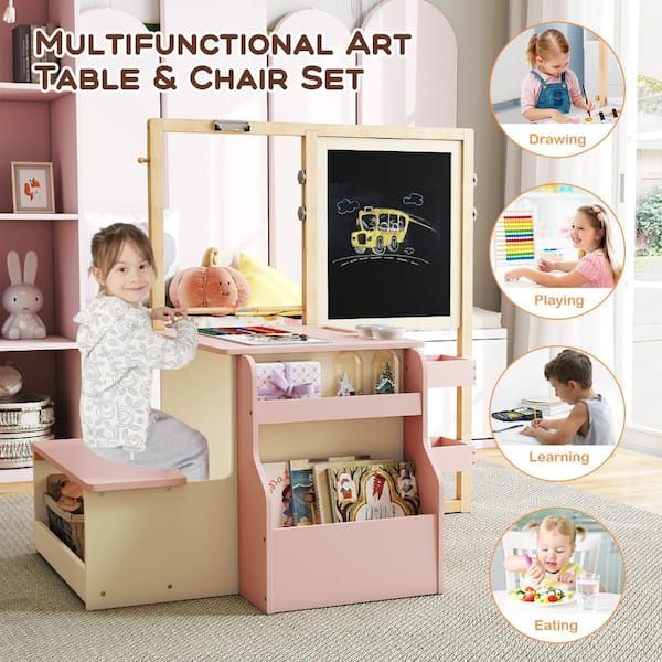 Bunpeony 45 in. Pink Kids Art Center Table and Bench Set with