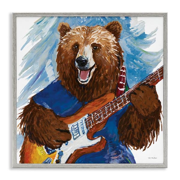 Stupell Industries Bear Playing Guitar by Seven Trees Design Gray Framed Animal Giclee Art Print 12 in. x 12 in.
