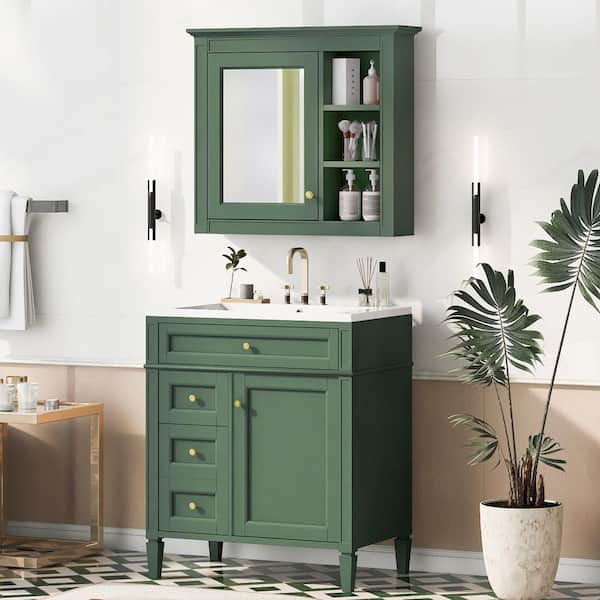 tunuo 30 in. W Bath Vanity in Green with Green Wood Top Storage Cabinet with 2-Drawers and a Tip-Out Drawer