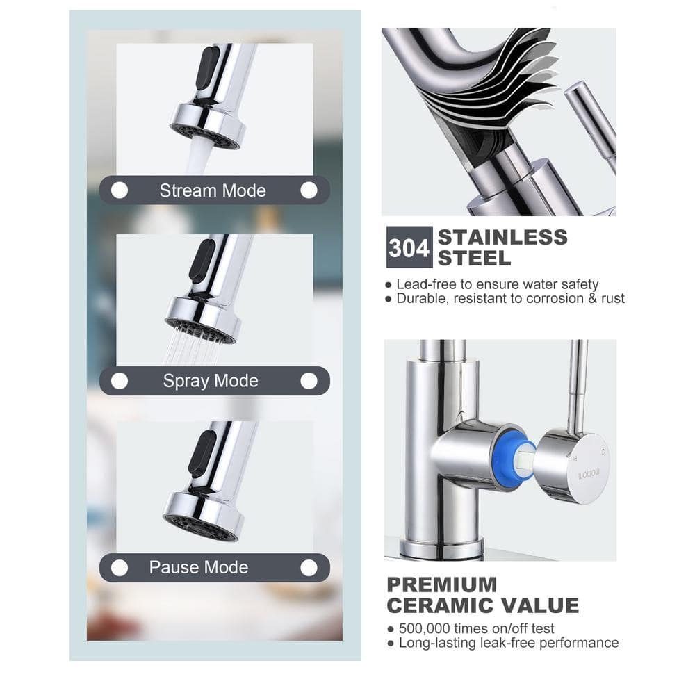 Polished Chrome Stainless Steel Pull-Down Kitchen Faucet with Soap Dispenser