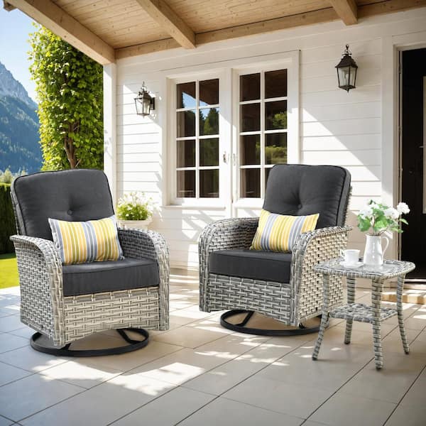 Toject Beverly Gray 3-Piece Wicker Outdoor Patio Conversation Swivel Rocking Chair Seating Set with Black Cushions