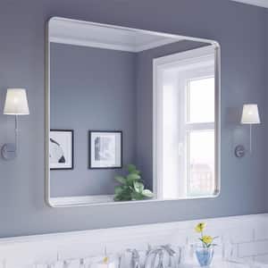 48 in. W x 40 in. H Rectangular Aluminum Framed Modern Silver Rounded Wall Mirror