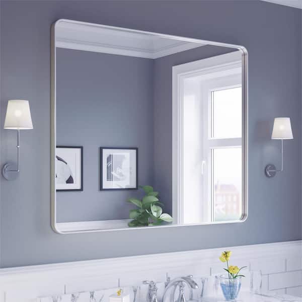 48 in. W x 40 in. H Rectangular Aluminum Framed Modern Silver Rounded Wall Mirror