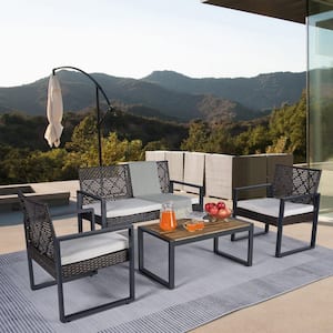 4-Piece Wicker Patio Conversation Set with Beige Cushion and Acacia Wood Top Table