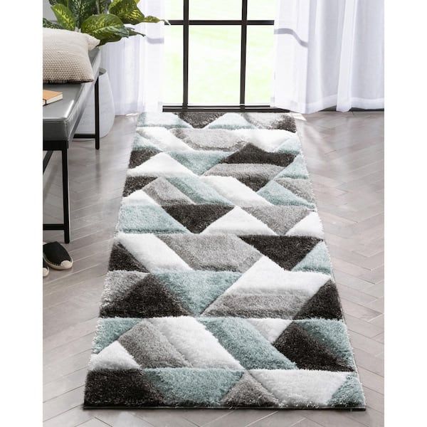 San Francisco Holland Modern Geometric Shag Hand-Carved, Light Blue 2 ft. 7 in. x 9 ft. 10 in. Runner, Area Rug