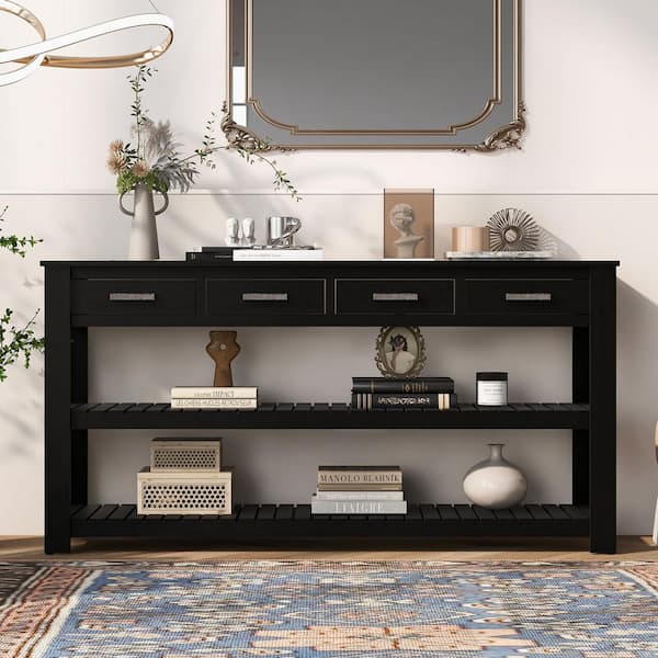 62.2 in. Black Rectangle Wood Console Table with 4 Drawers and 2 Shelves, Suitable for Entryways, Living Rooms