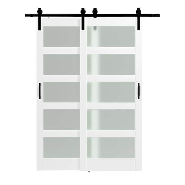 TENONER 60 in. x 84 in. Double 30 in. Doors Frosted Glass, White, MDF Double-5 Lite PVC Covering Sliding Barn Door Hardware Kit