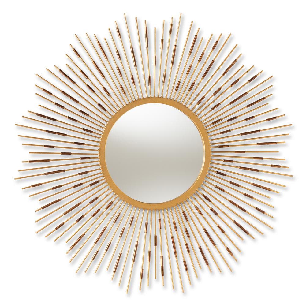 Mid-Century Sunburst Round Wall Mirror in Gold and Leather Accents