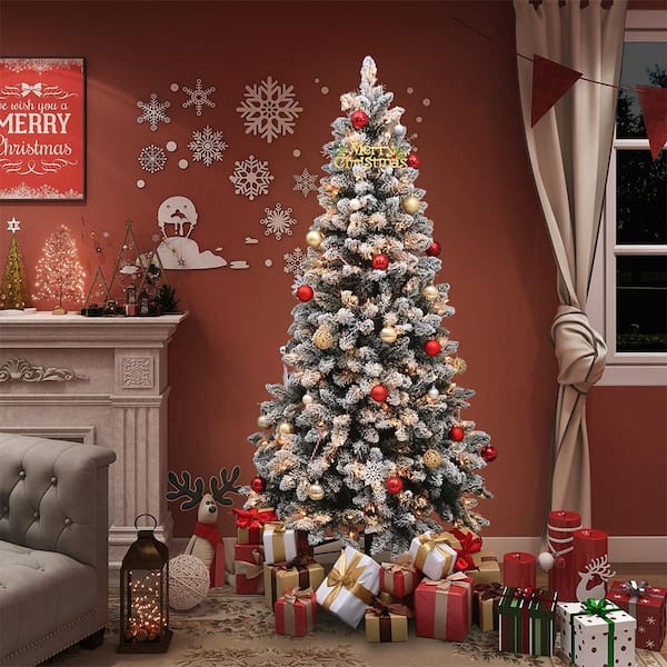 6 ft. Pre-Lighted LED Flocked Spruce Artificial Christmas Tree with 400 White Lights