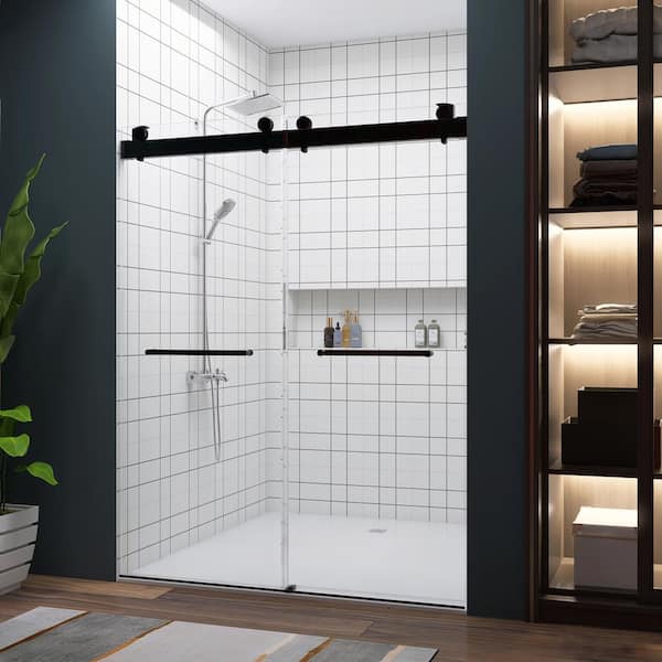 ANGELES HOME 57-60 in. W x 79 in. H Sliding Frameless Double Shower Door in Matte Black With Upgraded Crashproof System Technology