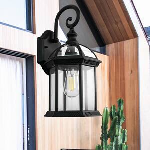 8 in. 1-Light Black Lantern Waterproof Outdoor Wall Light with Clear Glass Shade for Garden Porch