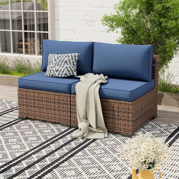 Brown Wicker Outdoor Loveseat with Cooling Navy Cushions
