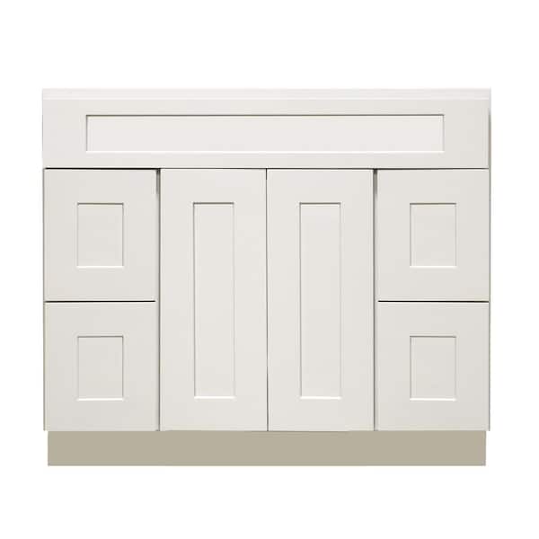 Plywell Ready to Assemble Shaker 48 in. W x 21 in. D x 34.5 in. H Vanity Cabinet with 2 Doors and 4 Drawers in White
