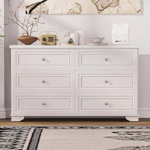 Elegant Design White 6 Drawer 53 in. Wide Dresser Storage Cabinet with Metal Handles