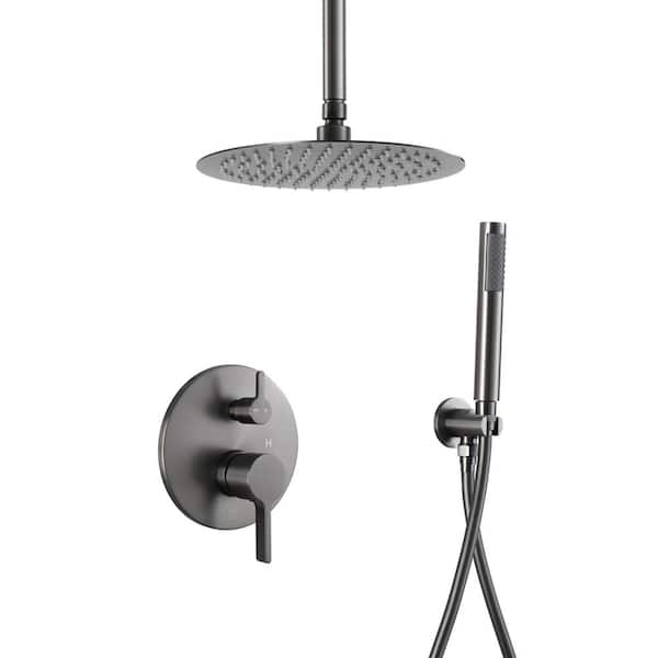 Unbranded Round 1-Spray Patterns Balance Valve Shower Faucets Set 2.5 GPM 10 in. Ceiling Mount Dual Shower Heads in PVD Black
