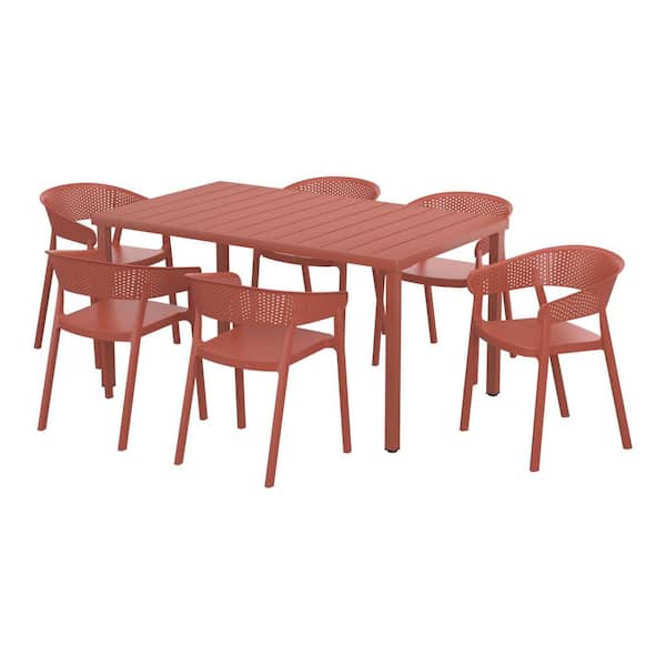 Frond and Form Outdoor Patio Modern 7-Piece Rectangular Steel Table, 6 Stackable HDPE Plastic Chairs Dining Set, Red
