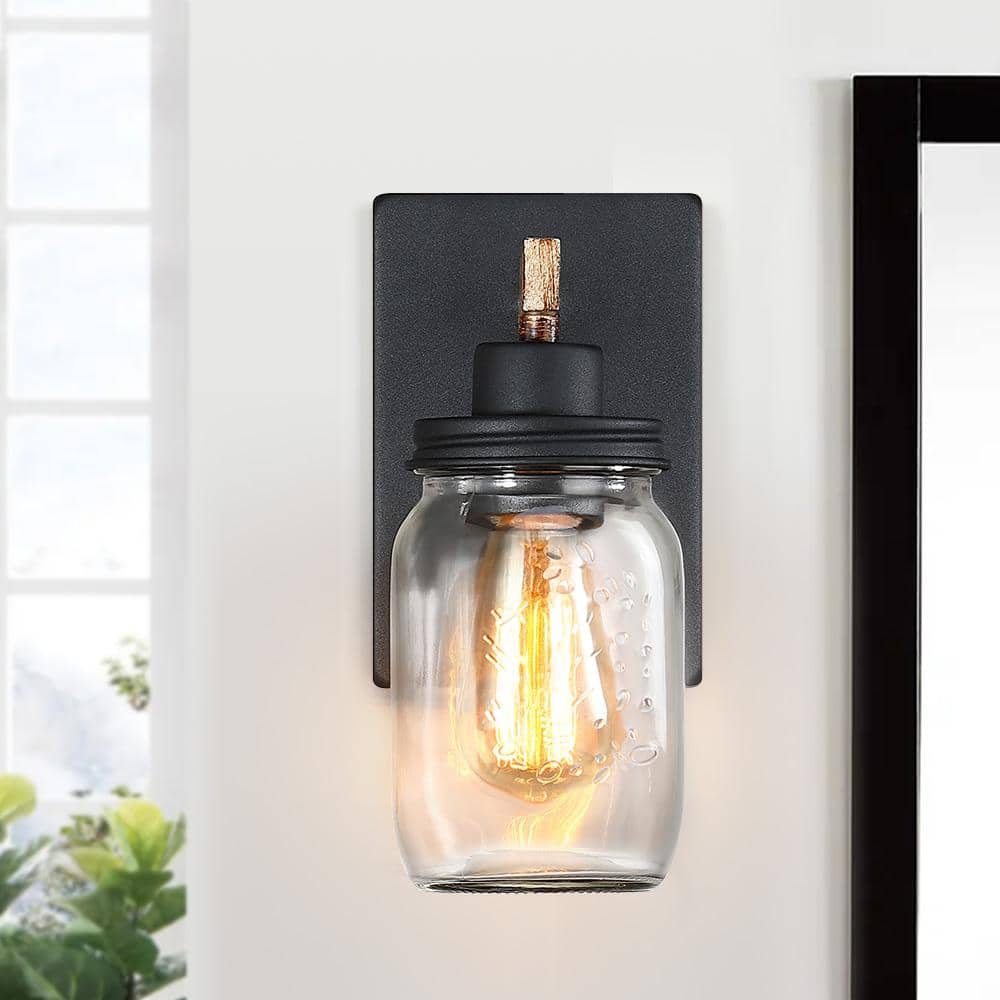 Black and Wood Rustic Farmhouse Mason Jar Wall Sconce