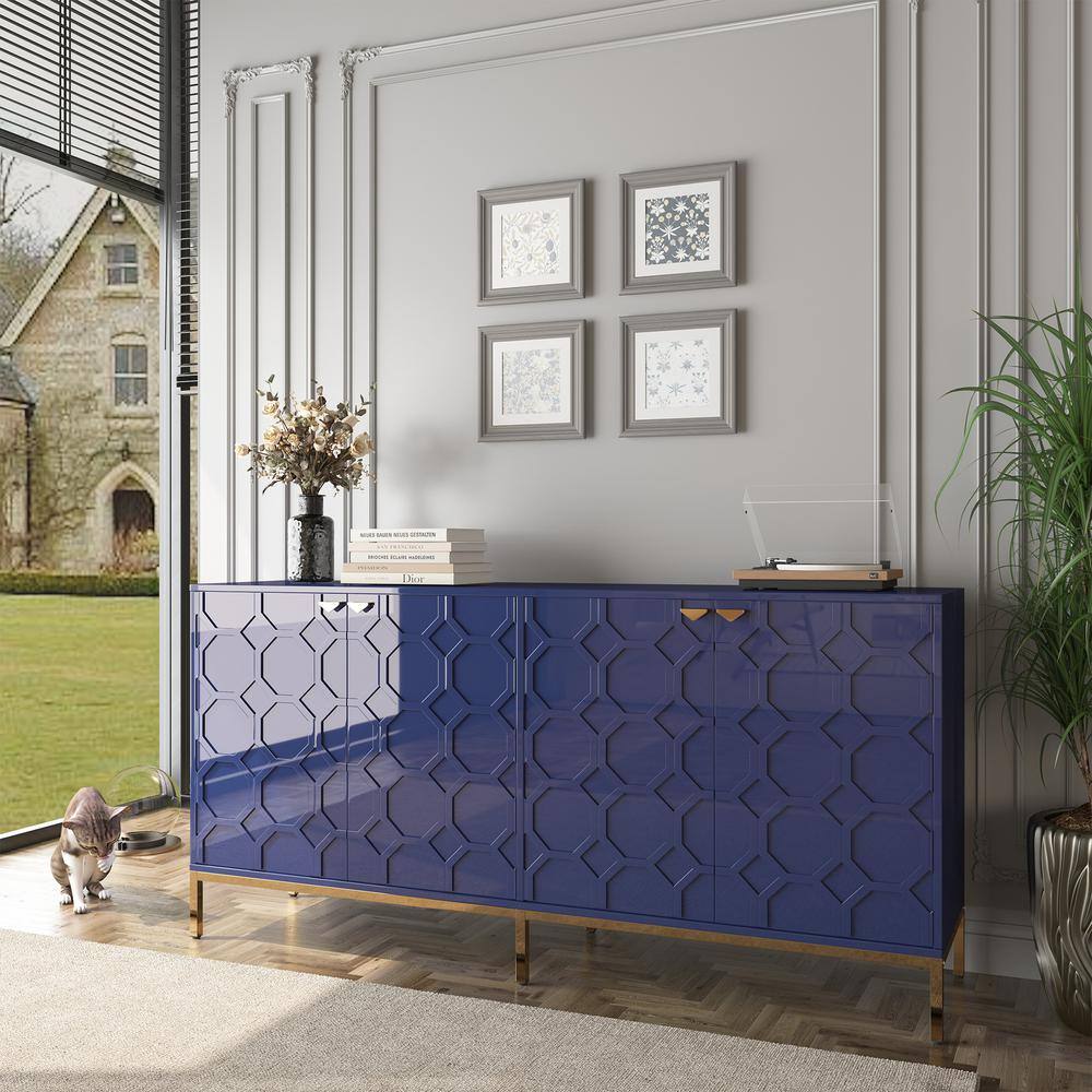 Blue Geometric Pattern Lockable Office Accent Cabinet with Adjustable Shelving
