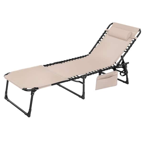Black Folding Textilene and Metal Outdoor Lounge Chair in Khaki with 5-Position Adjustable Backrest