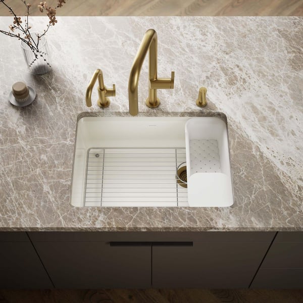 Riverby Undermount Cast Iron 27 in. 5-Hole Single Bowl Kitchen Sink Kit in Biscuit