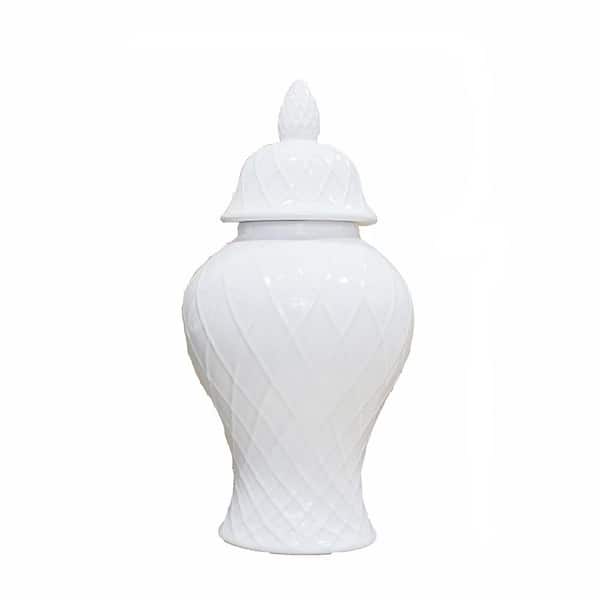 Unbranded 20.5 in. x 10.5 in. Elegant White Ceramic Decorative Ginger Jar with Lid and Decorative Design