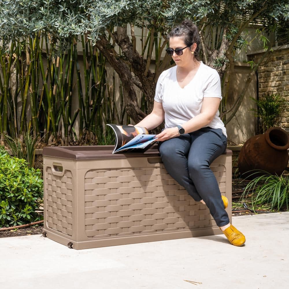 Mocha Lockable Plastic Wicker Deck Box with Wheels